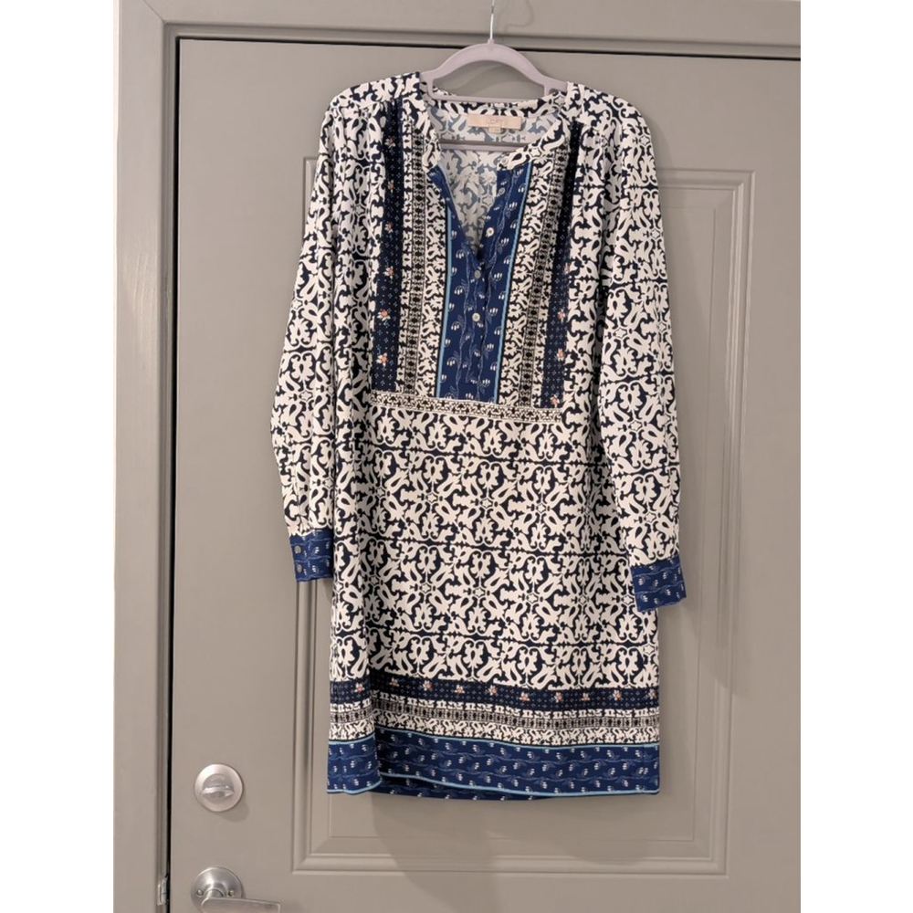 Women's LOFT Blue & White Patterned Long Sleeve Dress S